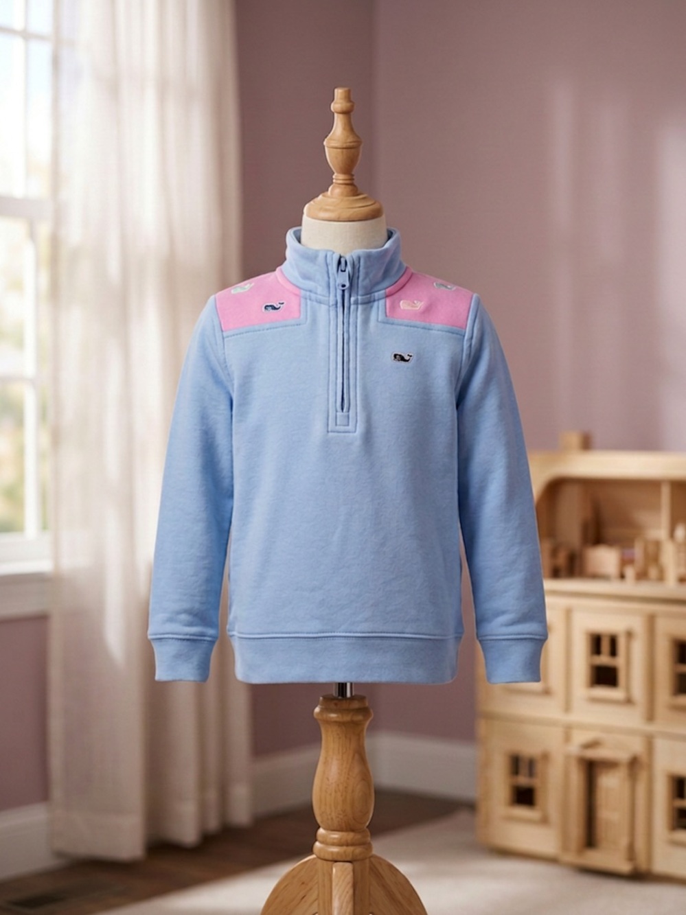 Vineyard Vines Light Blue and Pink Kids Quarter-Zip Pullover